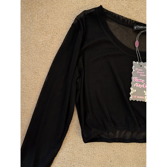 Pretty Angel NWT Women's Black Sheer Mesh Long Sleeve Crop Top Lagenlook- L/XL - Picture 5 of 6